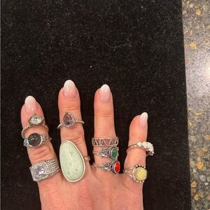 10 silvertone costume rings, size 7 1/2 to 10